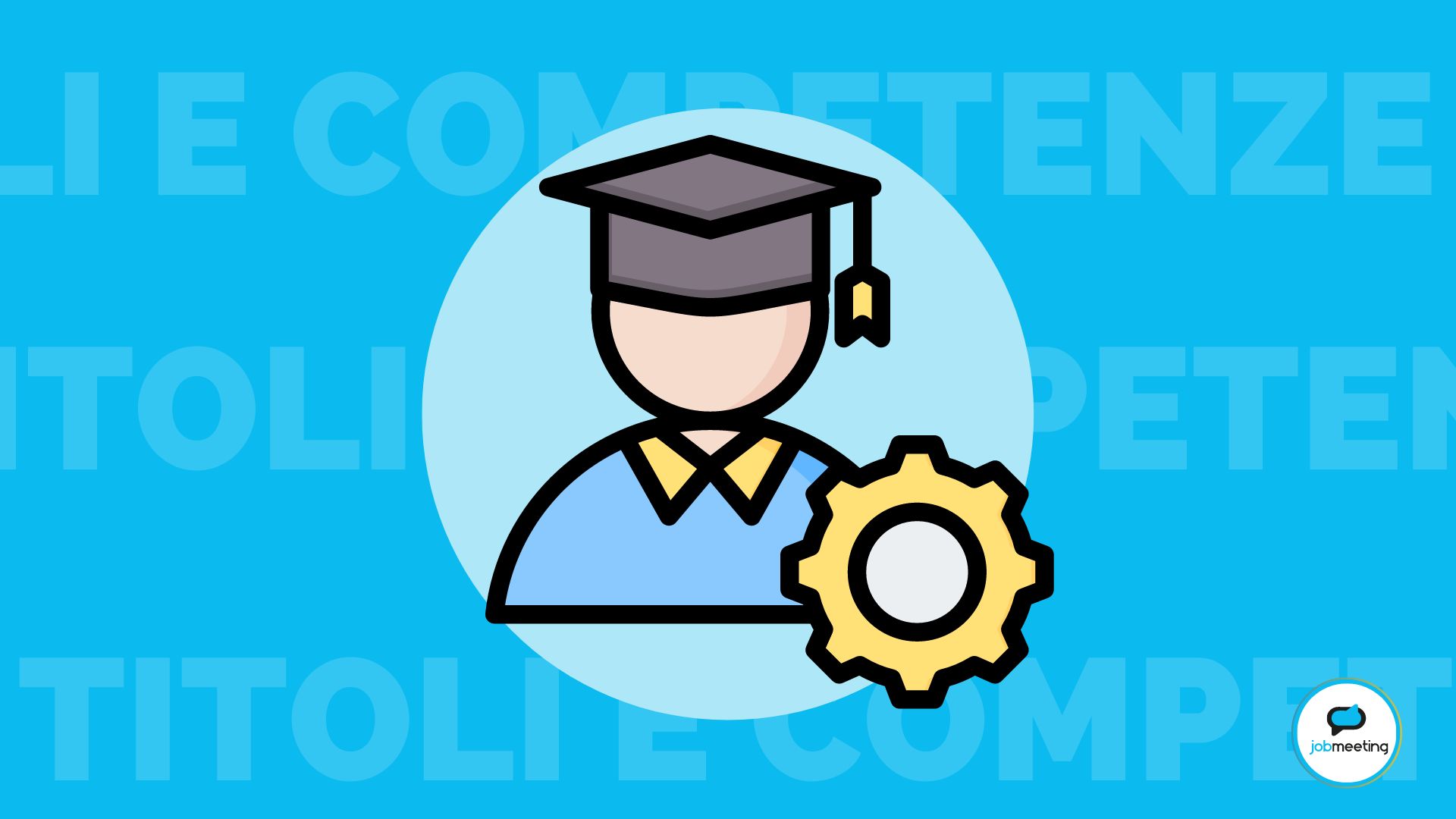 Icona di una persona con cappello di laurea e ingranaggio affianco su sfondo azzurro